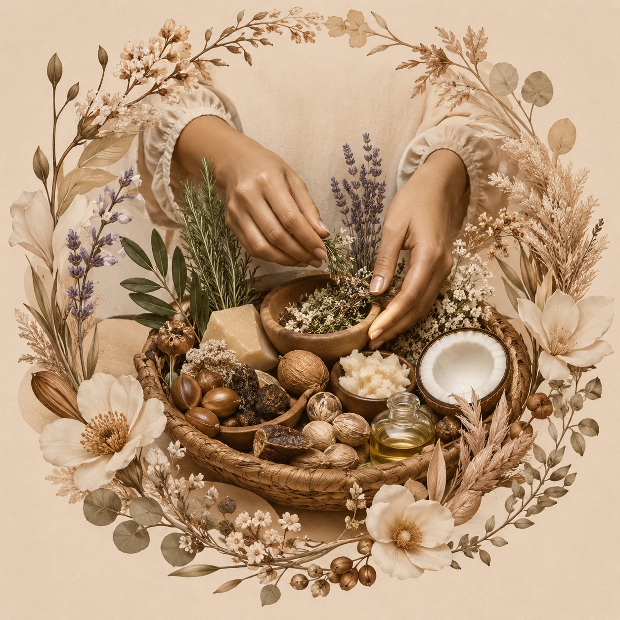 Mains préparant un mélange artisanal de plantes et d’ingrédients naturels