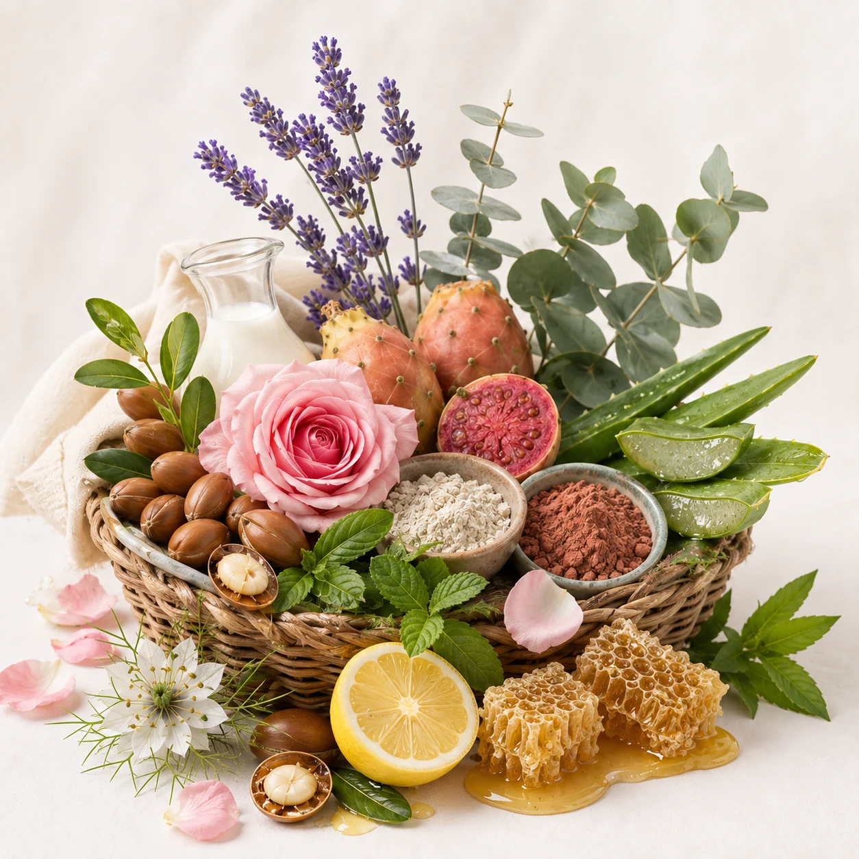 Composition de plantes, de fruits, d’argan, d’aloe vera, de rose et de miel