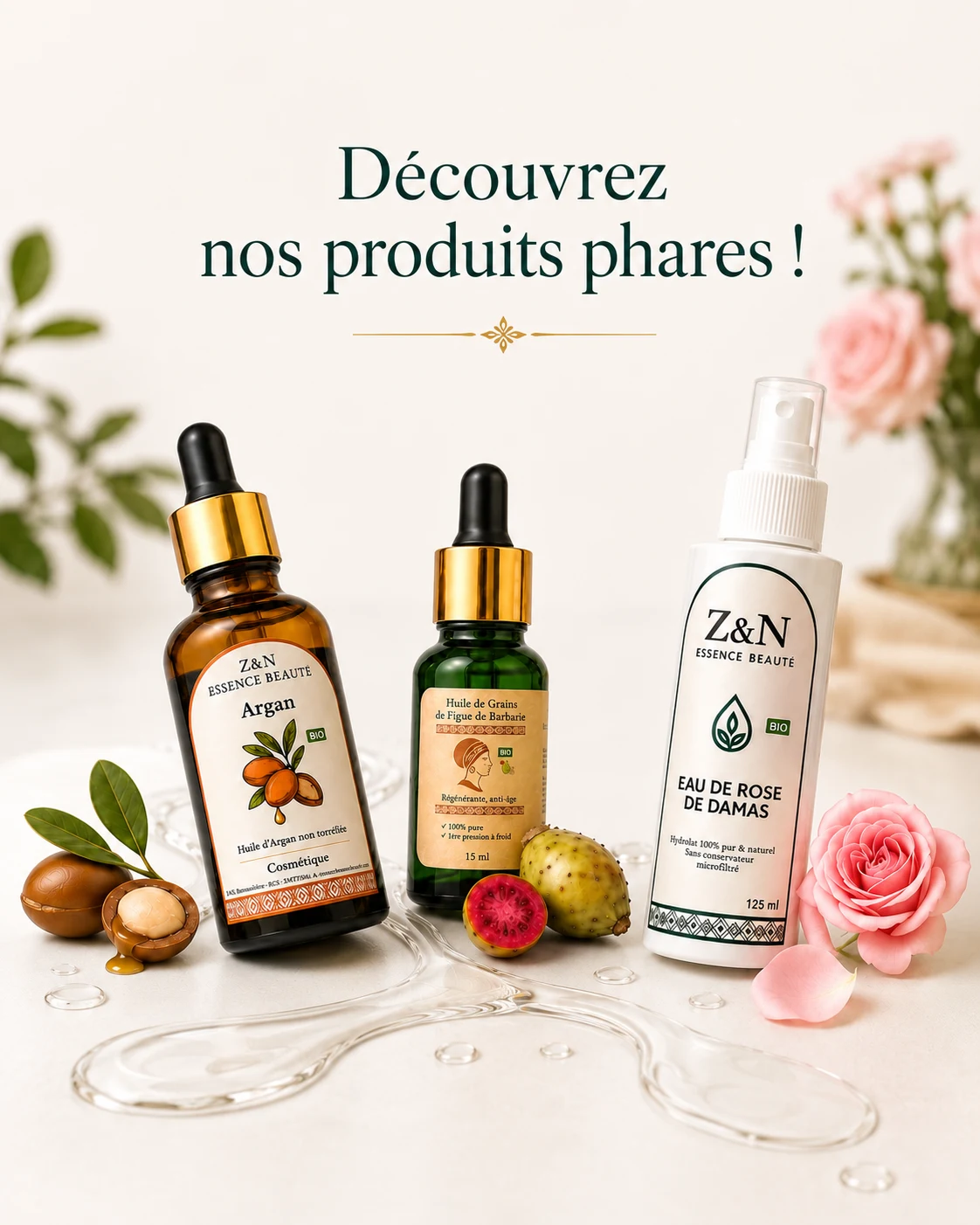 Découvrez nos produits phares : huile d’argan, huile de graines de figue de Barbarie et eau de rose de Damas